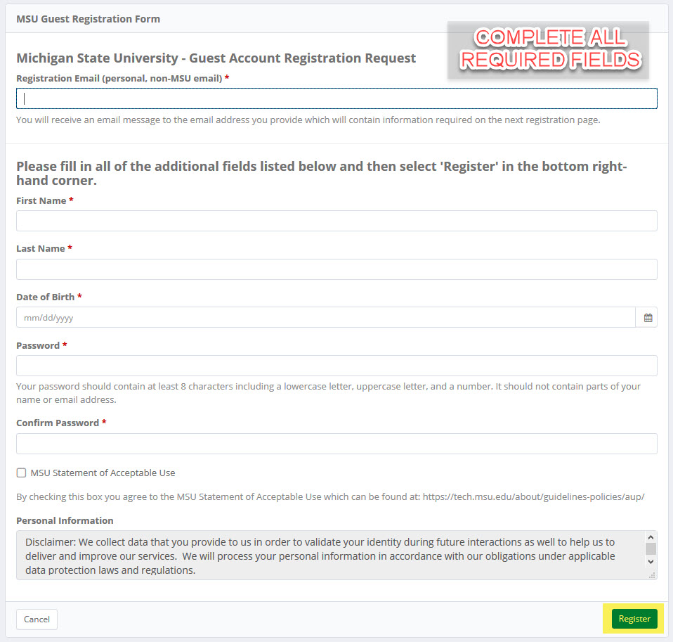 MSU guest registration form